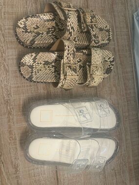 NWOT SCHUTZ Beige Snake-Print Double Buckle Slide Sandals and Dolce Clear Slide
